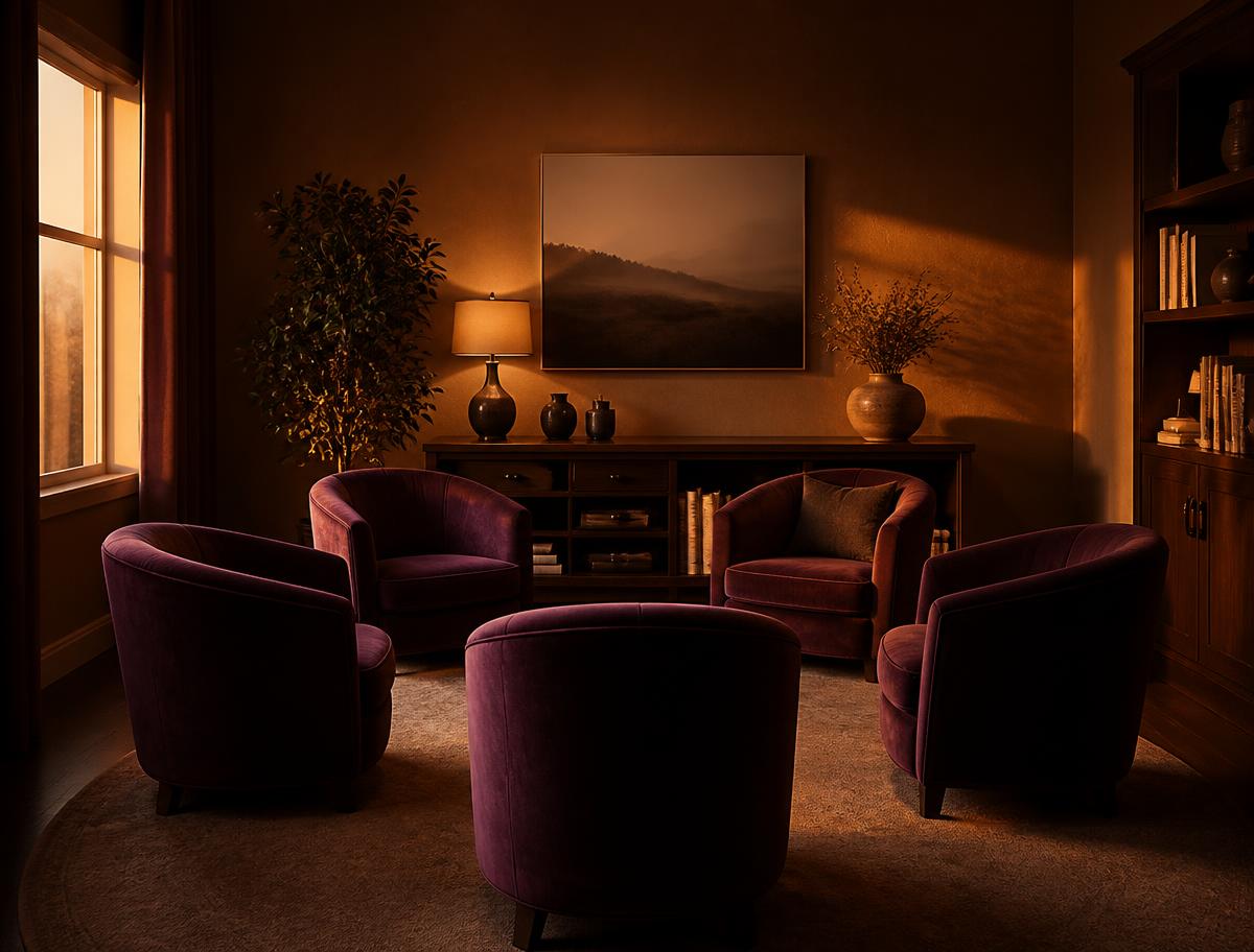 Quiet adolescent counseling room with deep aubergine velvet chairs arranged in a circle under warm golden light