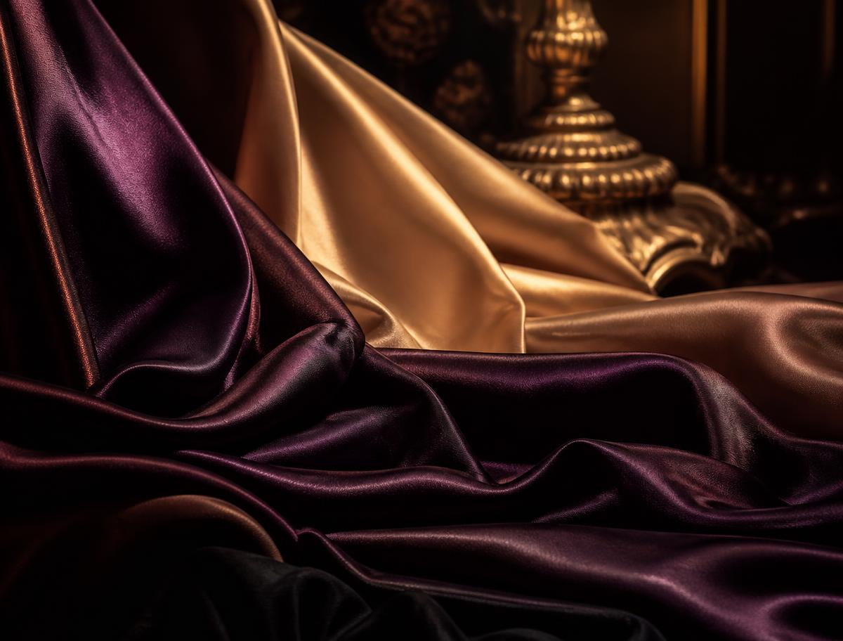Deep aubergine and champagne silk draped in sculptural folds under antique gold light