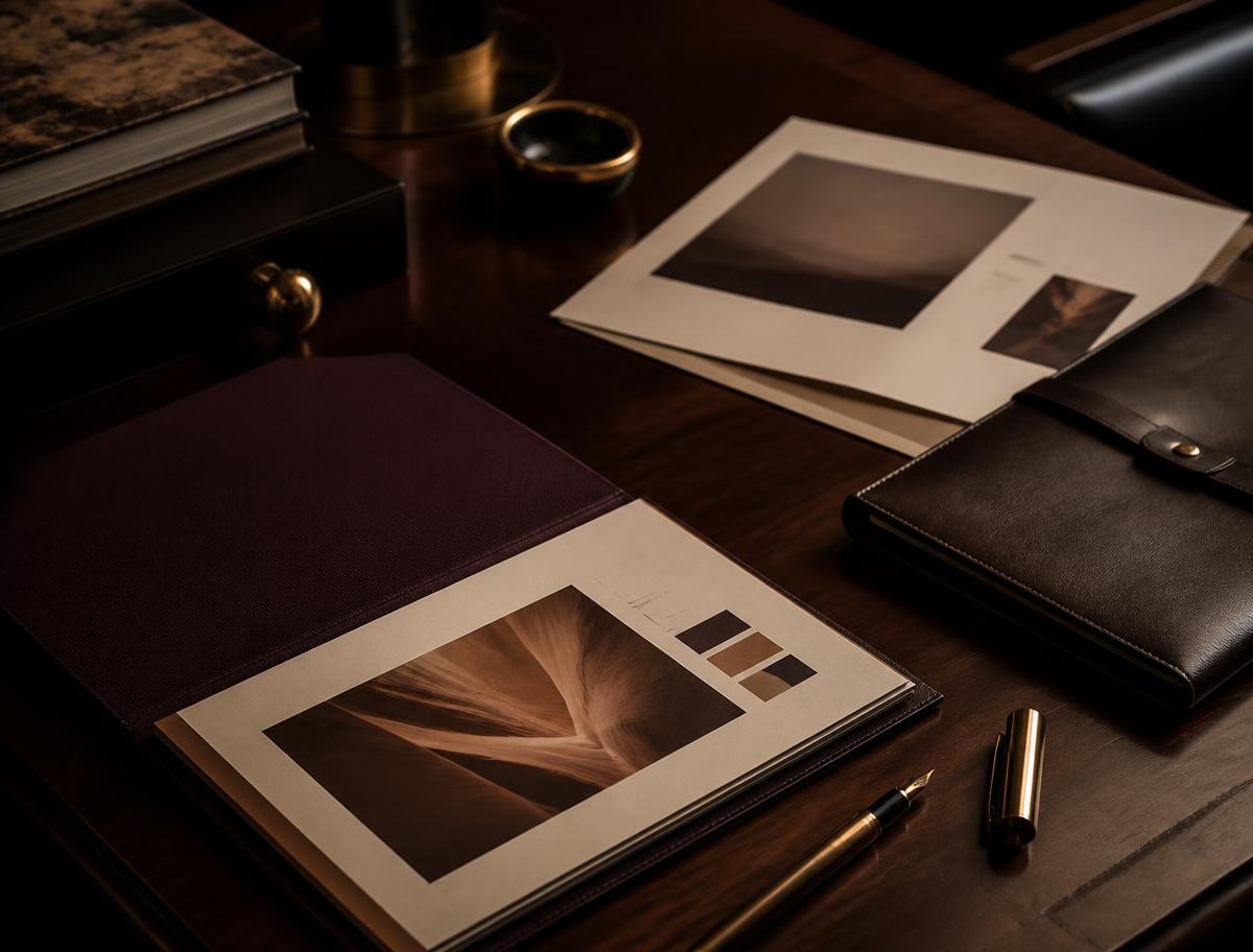 Dark walnut consulting desk with a burgundy portfolio, printed program documents and a brass fountain pen