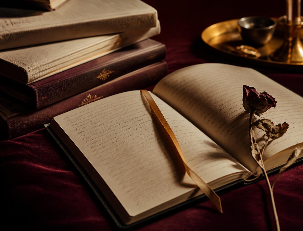 Open handwritten journal and cream workbooks with a gold ribbon marker resting on deep burgundy velvet