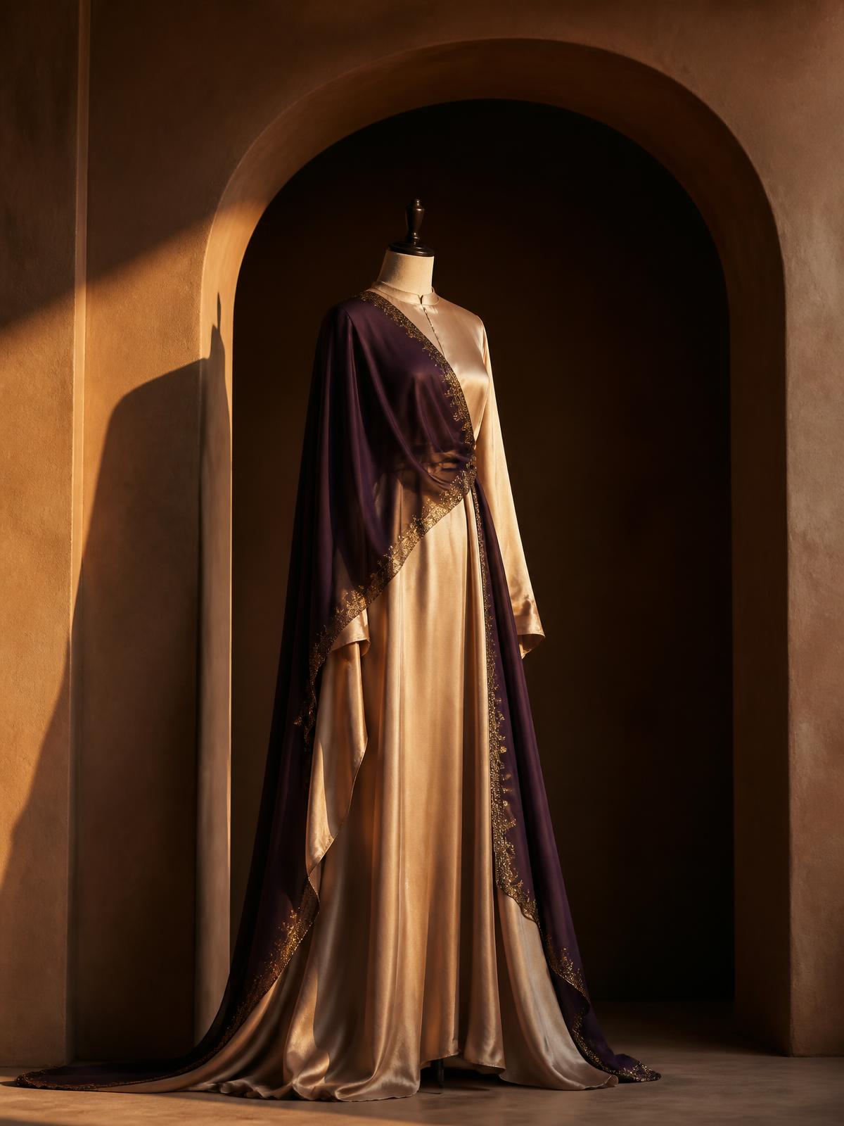 Champagne and aubergine silk modest gown draped on a sculptural form within a warm plaster arch