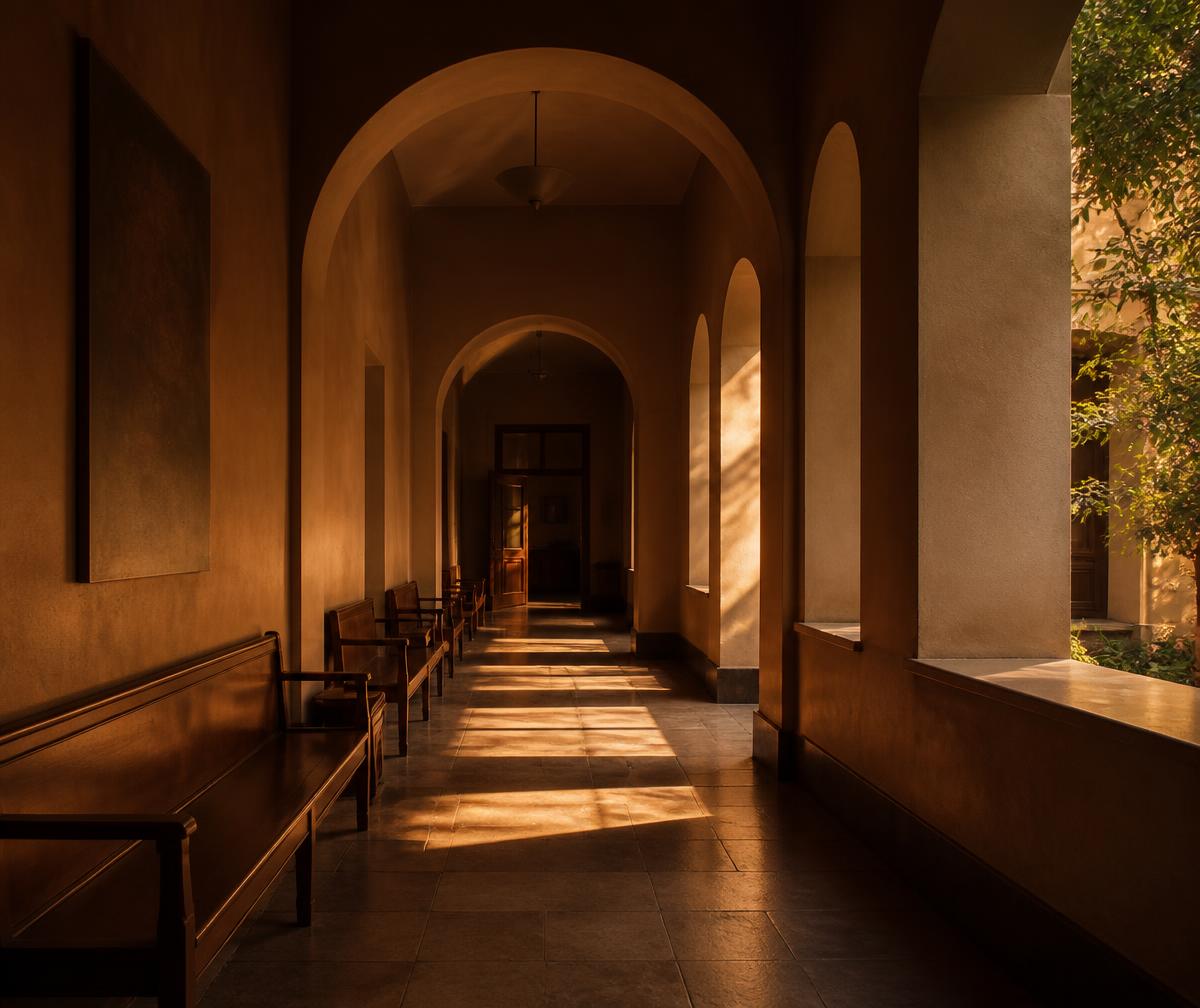 Warm arched institutional corridor in deep golden light with dark walnut benches