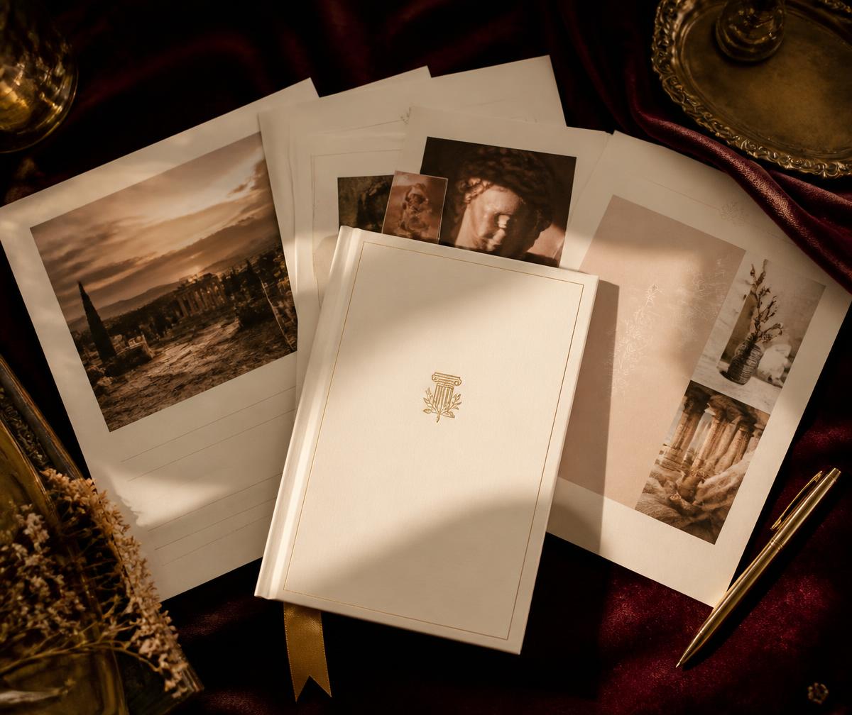 Cream curriculum workbooks and lesson pages with a gold ribbon marker on deep burgundy velvet